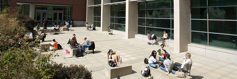 Students socializing outside of Sullivan Hall on a warm day