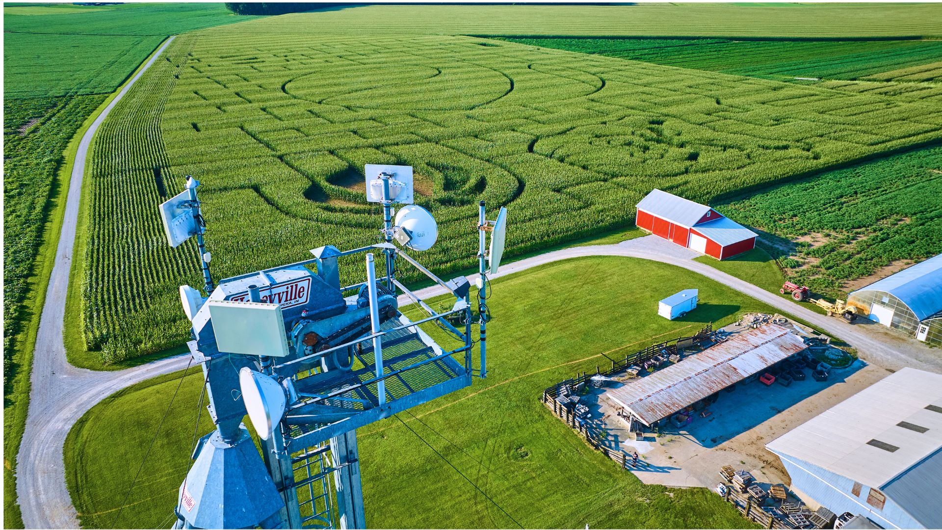 Rural cell tower in farm field
