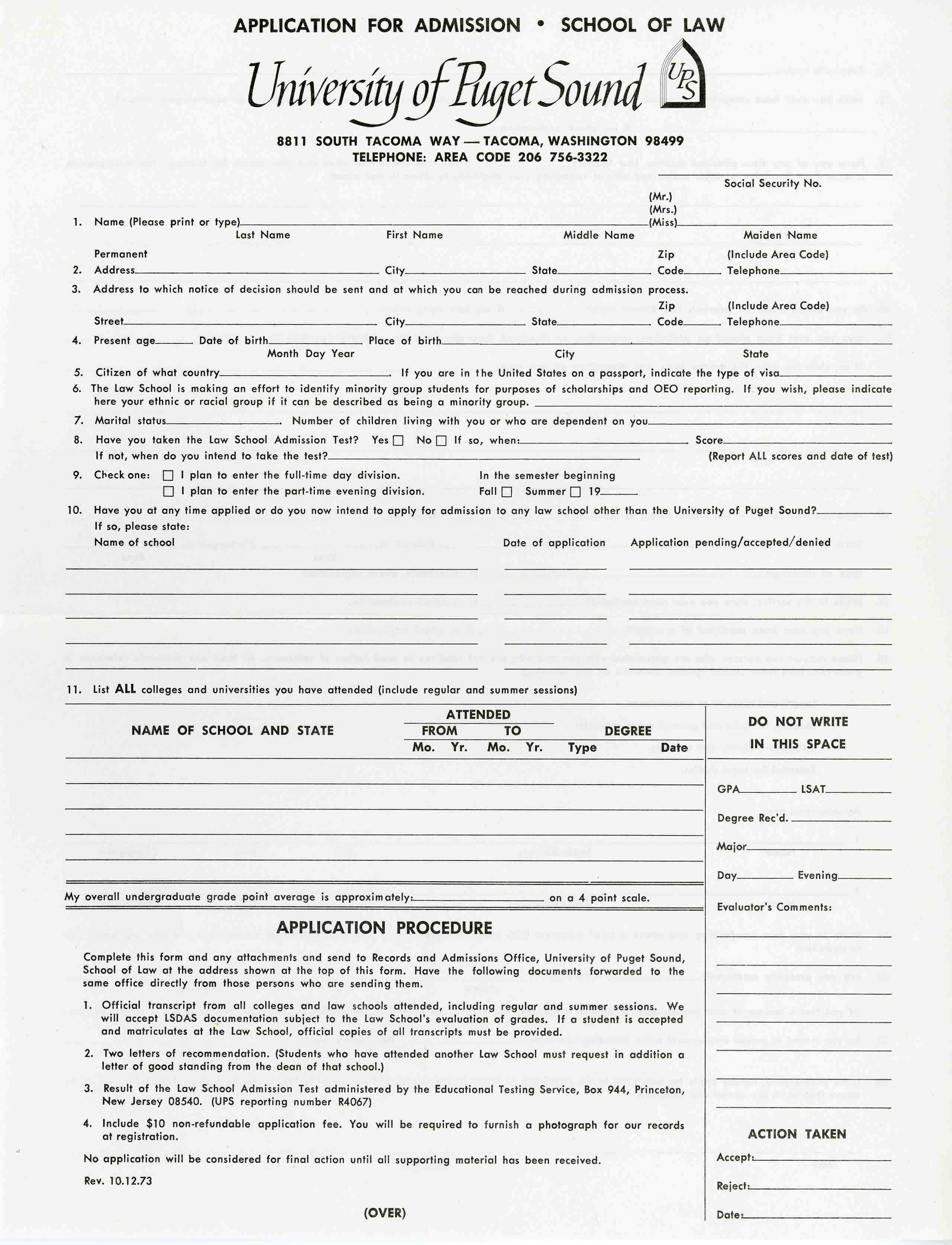 University of Puget Sound Law application (1974-75)