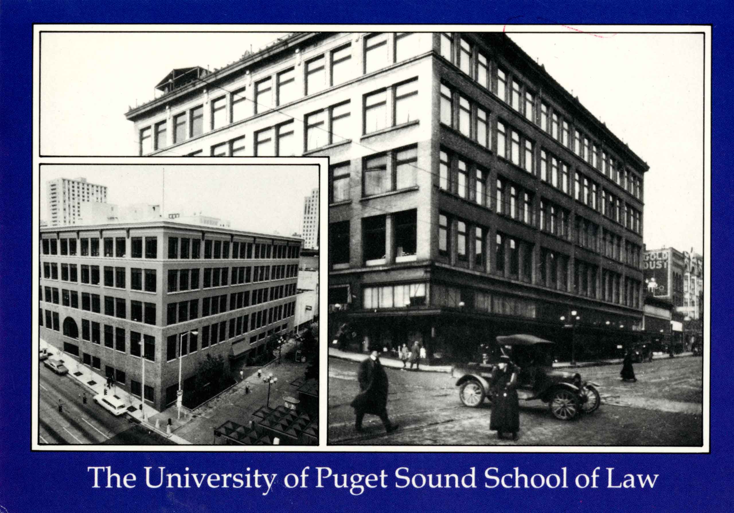 A picture of Rhodes Department store (before) and the renovated  Norton Clapp Law Center (after)