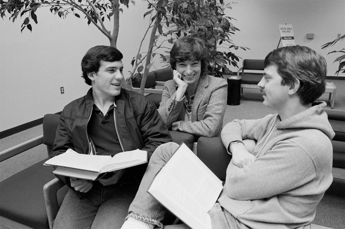 Students in conversation at Norton Clapp Law Center in Tacoma, WA - 1980s