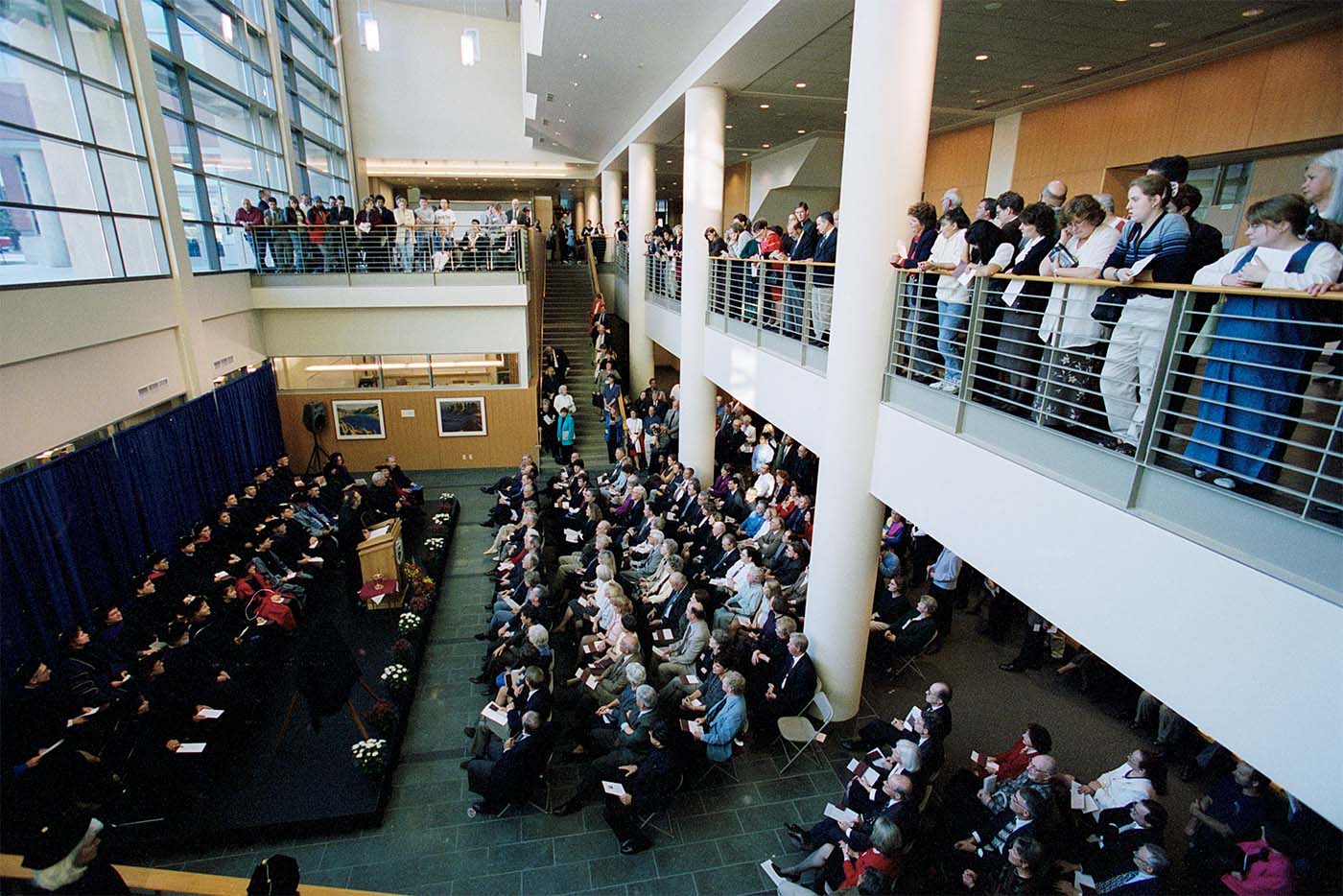 In October 1999, hundreds of guests, including alumni, donors, university leaders, and members of the legal community, join faculty and staff to formally dedicate Sullivan Hall, named after former Seattle U President William J. Sullivan, S.J.