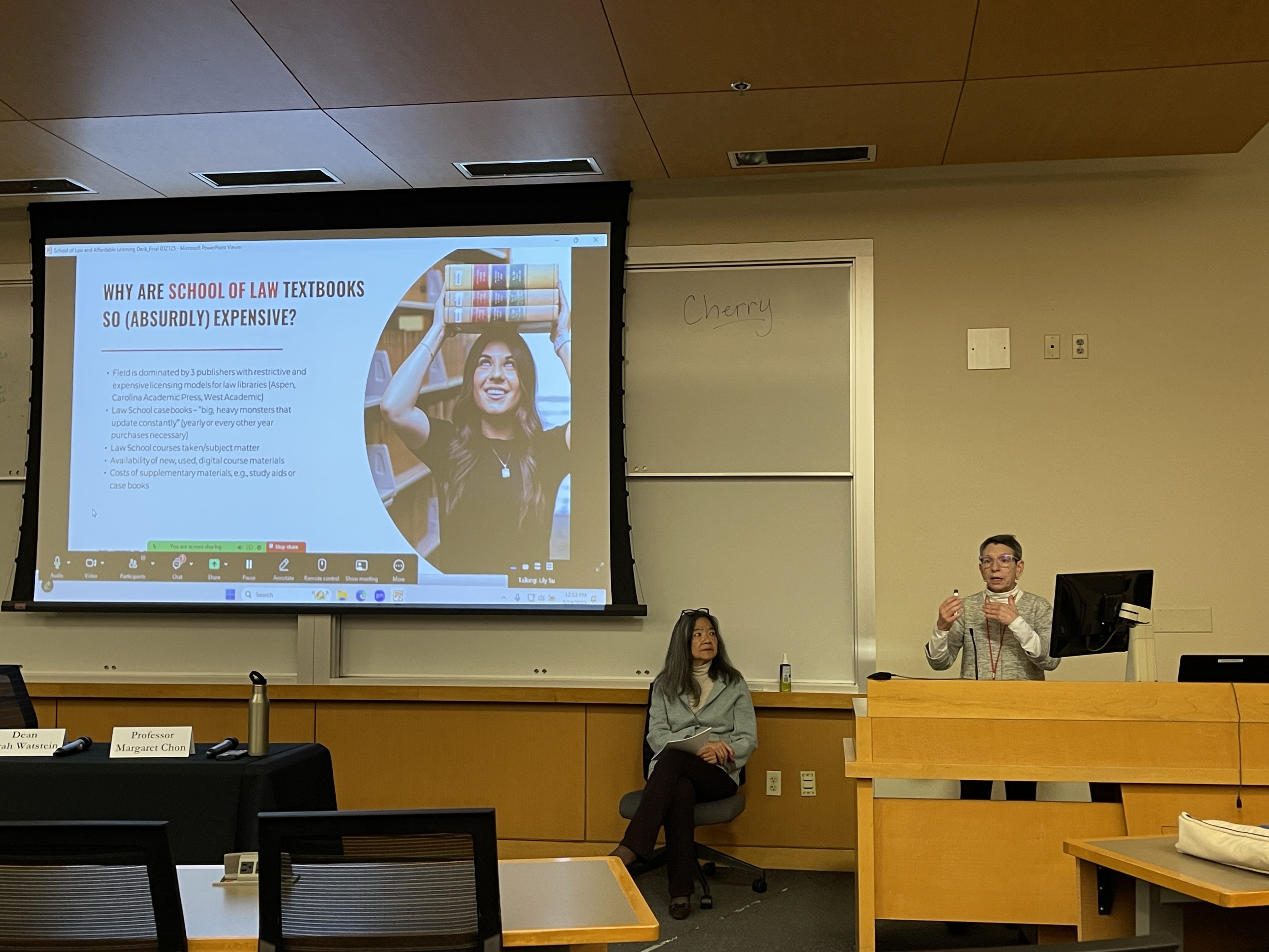 Dean Sarah Watstein of the Lemieux Library/McGoldrick Commons and Professor Margaret Chon, with TILE research assistants Caitlin Clark and Ania Smeraldo, at the Social Justice Monday session on Copyright and Affordable Learning, March 2025.