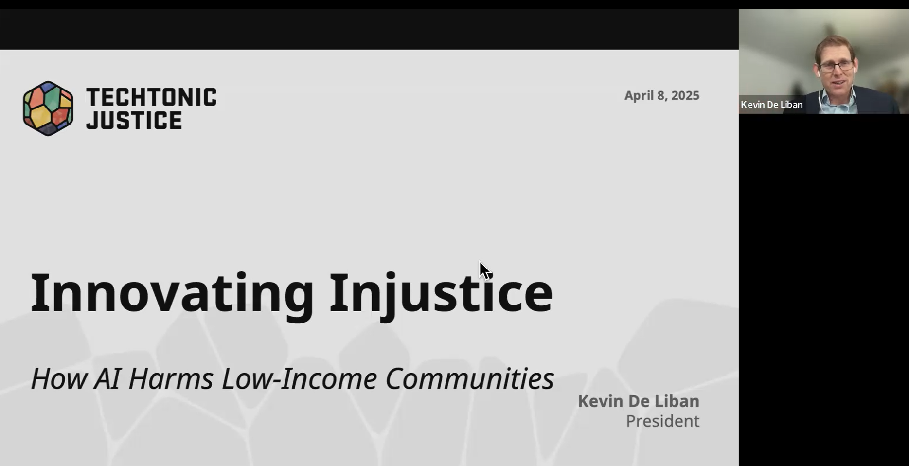 Zoom screenshot of Kevin De Liban's talk on How AI harms Low-Income communities
