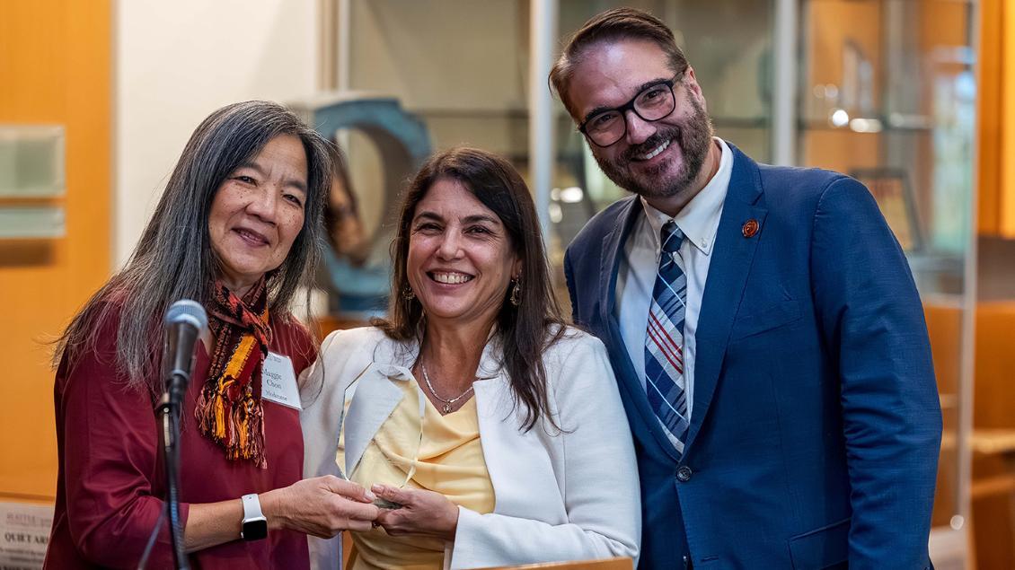 Picture of Catherine Romero with Dr. Chon and Dean Varona