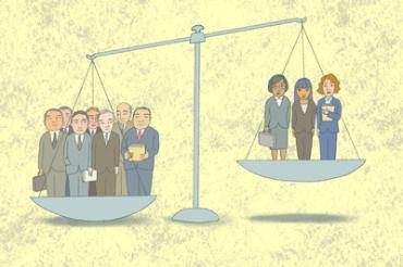 An illustration of a scale. One side has several men and the other side has three women. The side of the scale with the men is outweighing the side with the women. Illustration by Michelle Kumata.