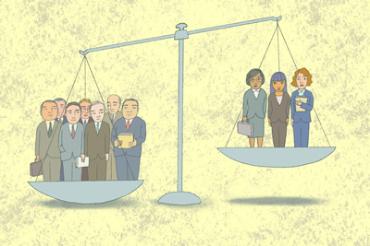 An illustration of a scale. One side has several men and the other side has three women. The side of the scale with the men is outweighing the side with the women. Illustration by Michelle Kumata.