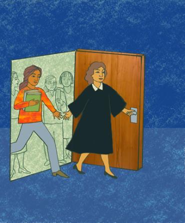 An illustration of two women walking through a door. One is wearing a judicial robe and the other appears to be a student and is holding books. Several more women are in the distance waiting to walk through the door. Illustration by Michelle Kumata.