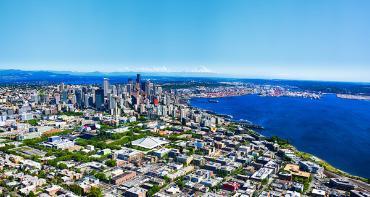 Arial view of downtown Seattle with blue sky