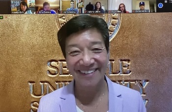 Justice Mary Yu addresses the 2020 incoming class via Zoom.