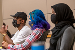 Incoming law students listening to Eduardo Peñalver's address at orientation