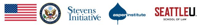 Logos: Department of State, Stevens Initiative, Aspen Institute, SeattleU School of Law