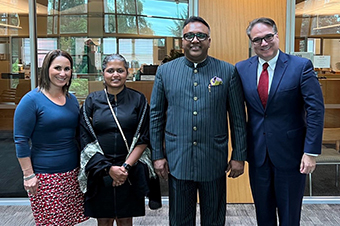 Vice Chancellor Kumar with Dean Varona (right), Sital Kalantry, associate dean of international and graduate programs, and Kelli Rodriguez Currie, director of international and graduate studies (left) during a visit to Seattle University’s campus to discuss developing a partnership to offer legal education opportunities to students from both schools.