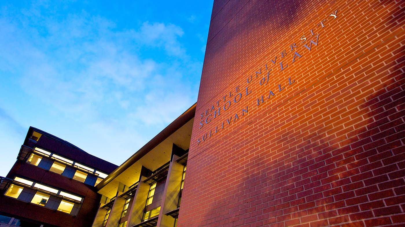 Exterior of the Sullivan Hall building on the Seattle University campus at dusk