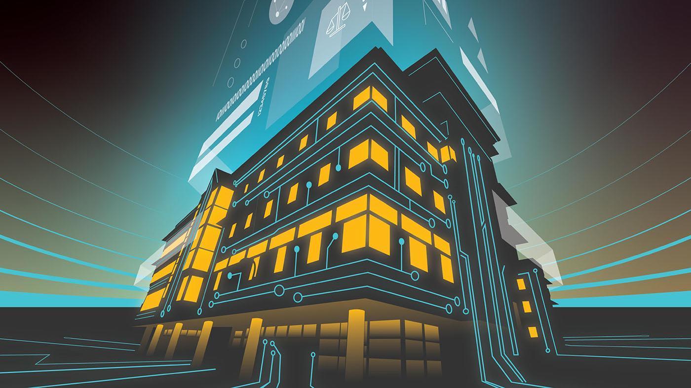 A technology inspired artistic illustration of Sullivan Hall, home of Seattle University School of Law. The building is depicted as part of a circuit board. Illustration by Neil Griffith.
