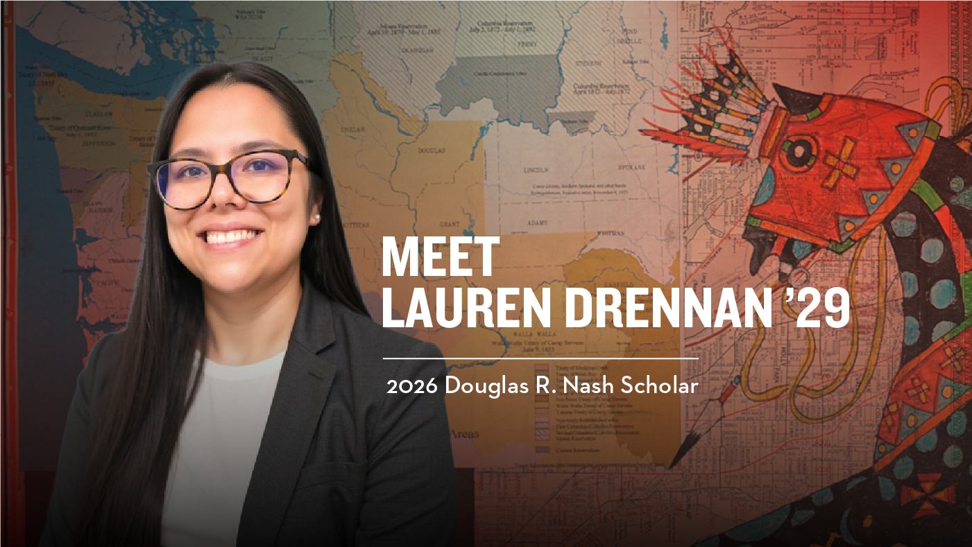 Headshot of student Lauren Drennan against backdrop of Indigenous artwork