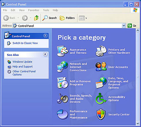 Step 1 screenshot of Windows XP Pro Wizard: In the Control Panel window, select User Accounts