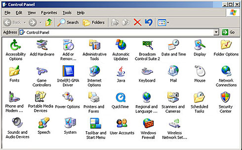 Step 1 screenshot of Windows XP Pro, all icons view: In the Control Panel window, select User Accounts