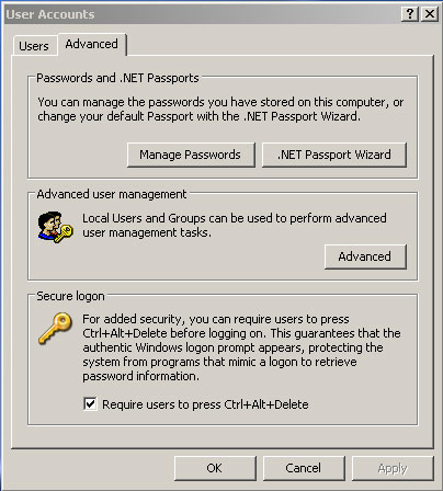 Step 3 screenshot: In the Advanced tab of the User Accounts window, select the Manage Passwords button.