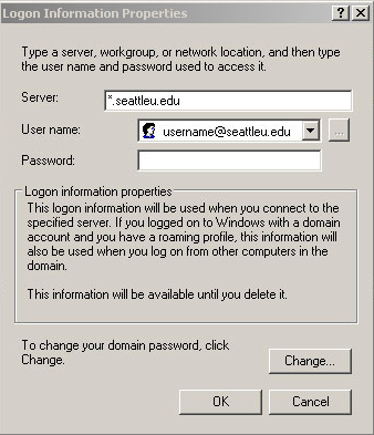 Step 5 screenshot: Type your new password in the password field of the Logon Information Properties window.  Then click OK. Do NOT click on the the Change... button.